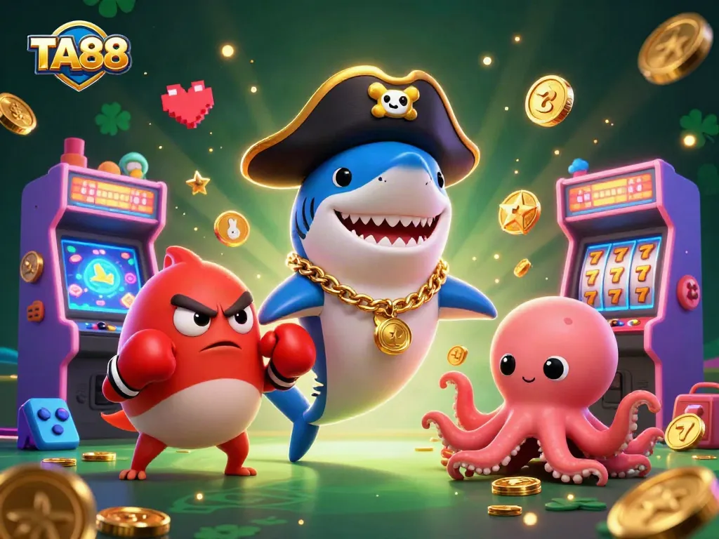 TA88 colorful casino scene featuring a pirate shark, pufferfish, and octopus with gaming elements.