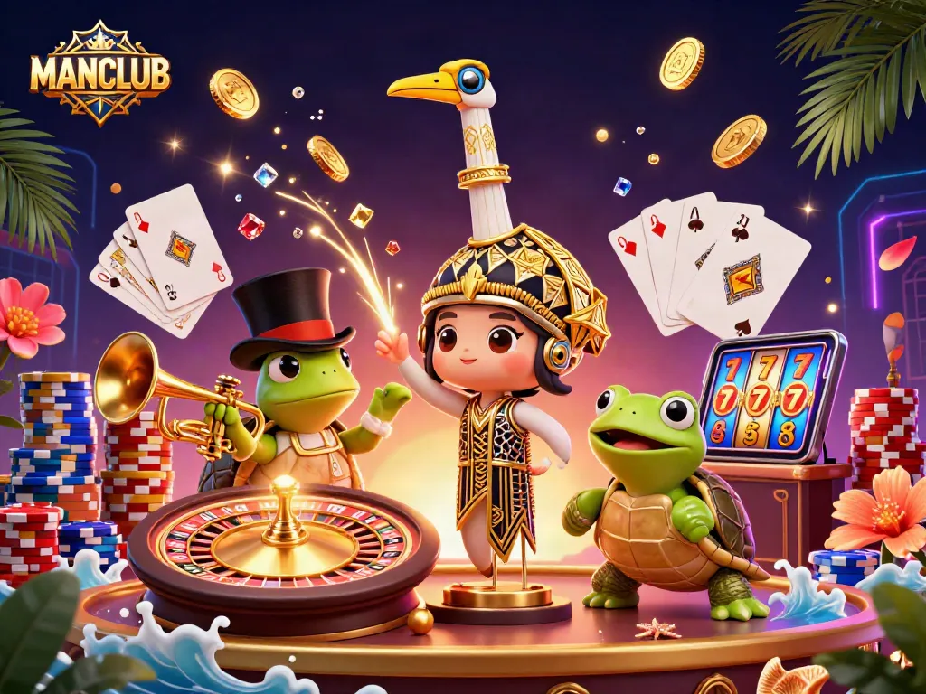 Experience thrilling games at MANCLUB with colorful casino elements and vibrant characters.