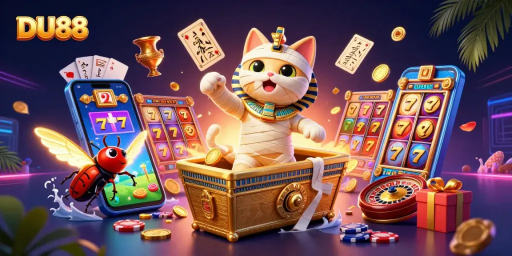 Play exciting slots with DU88, featuring a mummy cat and glowing scarab in a vibrant casino.