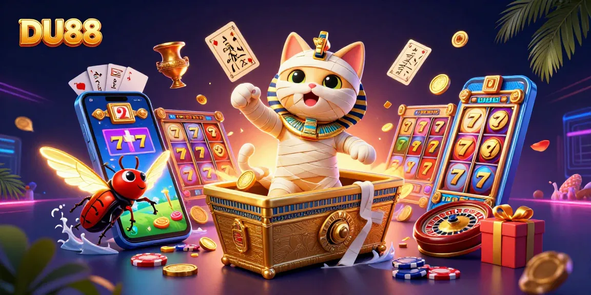 Play exciting slots with DU88, featuring a mummy cat and glowing scarab in a vibrant casino.