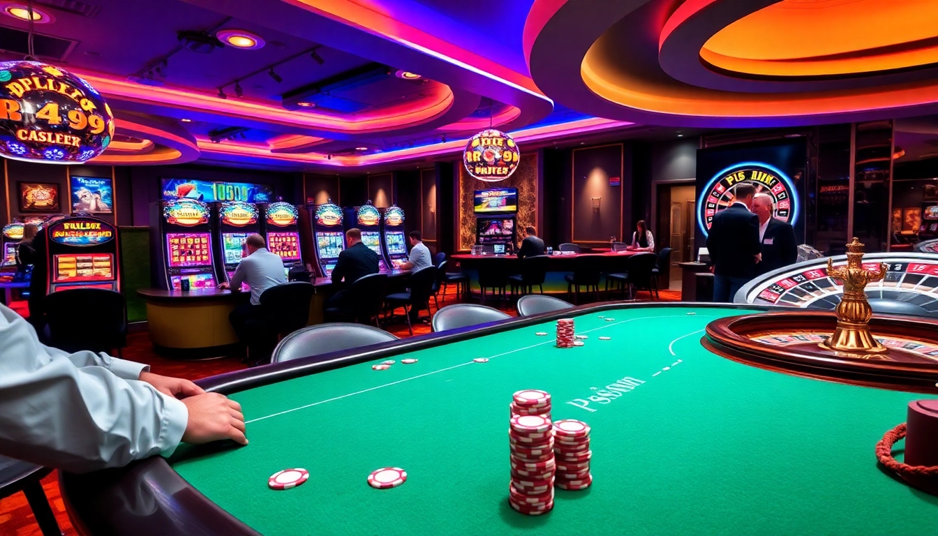 Experience the excitement of PS99 with vibrant casino gameplay featuring poker chips and a roulette wheel.