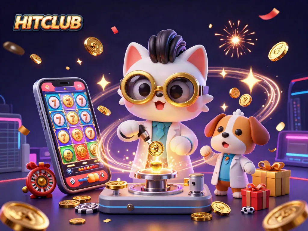 Experience the excitement of HITCLUB with vibrant slot games and dynamic characters in a colorful casino scene.