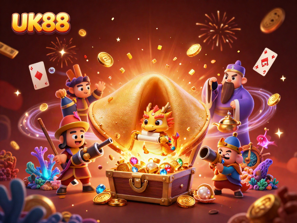 Experience thrilling wins at UK88 with an exciting underwater casino scene featuring vibrant gold treasures and colorful gems.