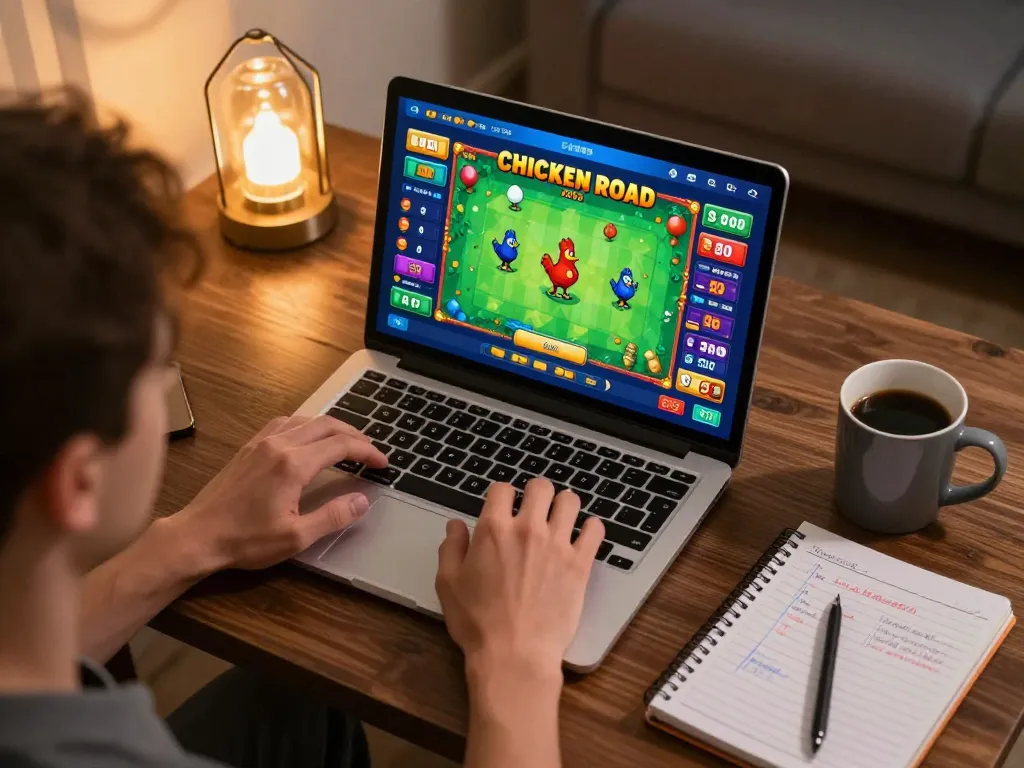 Coinvolgente sessione di gioco online con recensioni chicken road visualizzate su laptop, che mostrano un gameplay strategico.