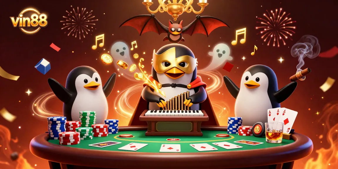 Experience the thrill of vin88 as a phantom opera penguin dazzles at a poker table.