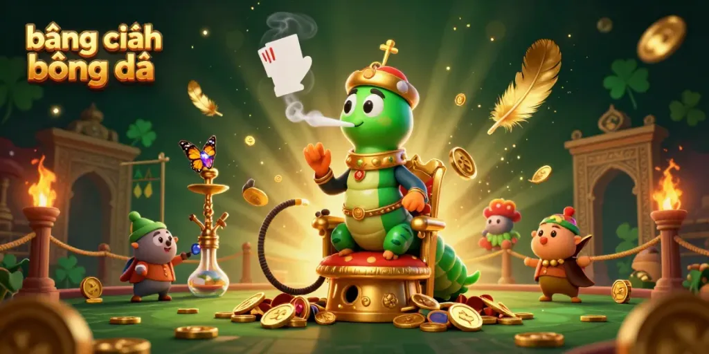 Engage with the vibrant bảng xếp hạng bóng đá scene, showcasing a caterpillar hookah-master amidst vibrant casino imagery and golden embellishments.