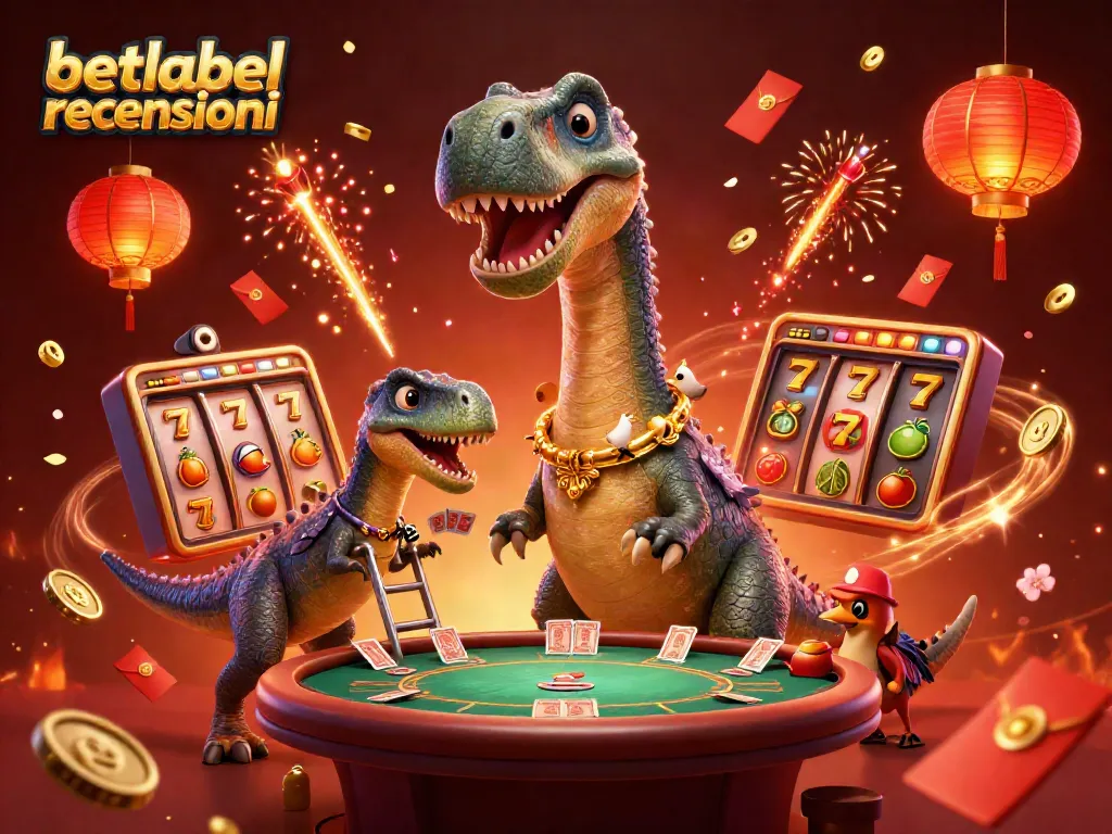Experience the thrill at Betlabel with a giant dinosaur poker dealer amidst festive gaming elements.