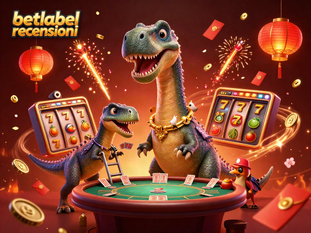 Experience the thrill at Betlabel with a giant dinosaur poker dealer amidst festive gaming elements.
