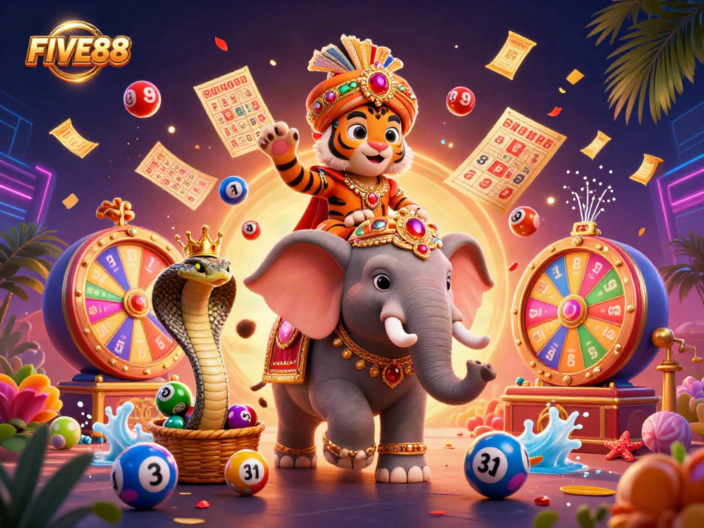 Engage with FIVE88 featuring a dynamic scene of a cartoon maharaja and vibrant gaming elements.