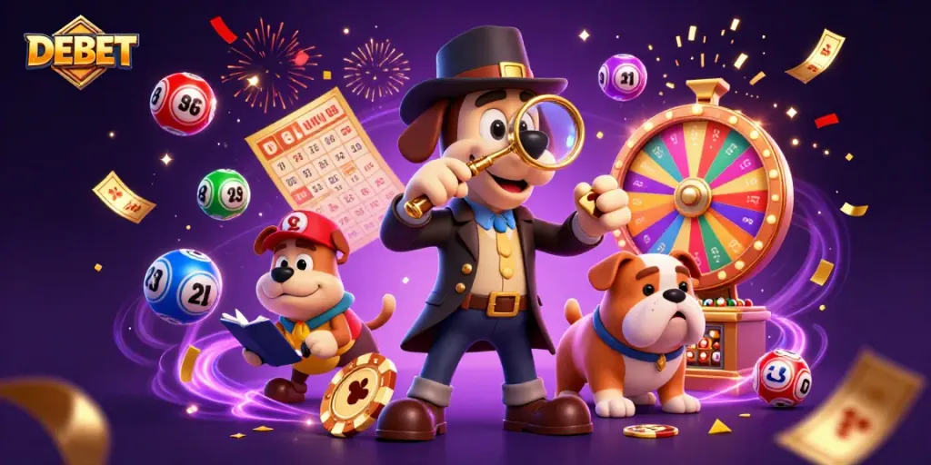 Experience the excitement of DEBET with a whimsical detective scene exploring gambling treasures amidst vibrant casino elements.