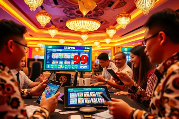 Xổ Số 99WIN players strategizing their lottery bets in an exciting casino environment.