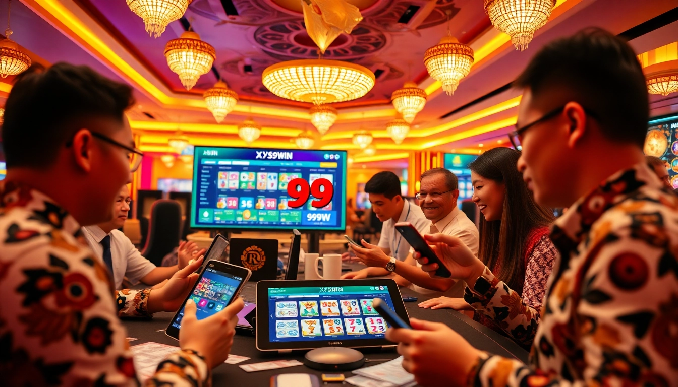 Xổ Số 99WIN players strategizing their lottery bets in an exciting casino environment.