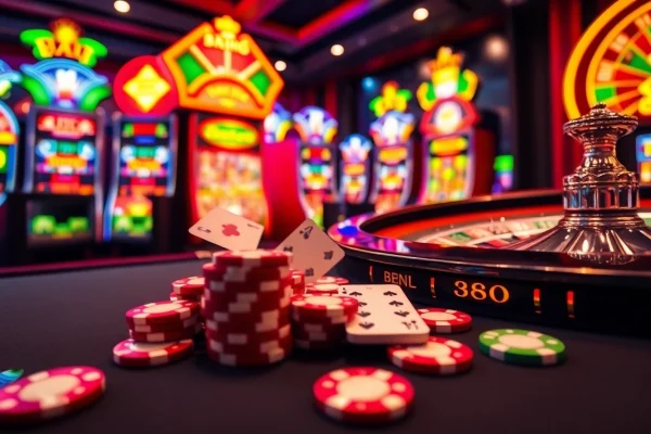 Experience the thrill of casino gaming at 888vi with vibrant poker chips and dynamic roulette.