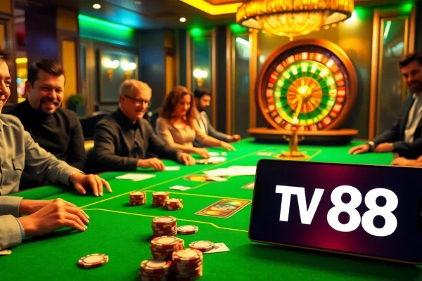 Engage in thrilling poker games at TV88 with vibrant casino visuals and luxurious atmosphere.