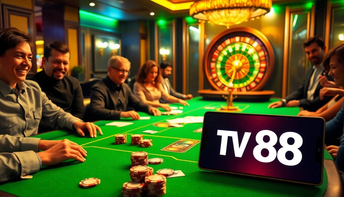 Engage in thrilling poker games at TV88 with vibrant casino visuals and luxurious atmosphere.