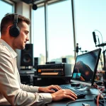 Engineer perfecting online audio mastering in a vibrant studio, focused on sound quality.