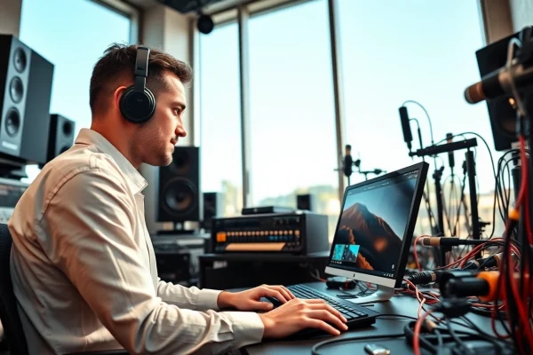 Engineer perfecting online audio mastering in a vibrant studio, focused on sound quality.