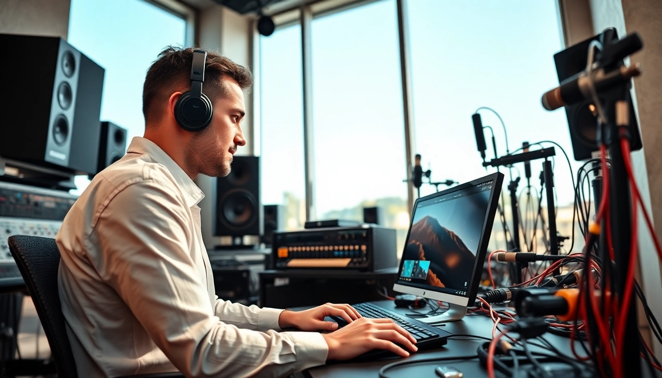 Engineer perfecting online audio mastering in a vibrant studio, focused on sound quality.