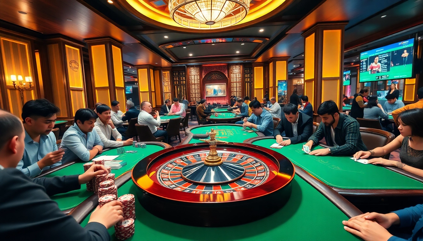 Exciting casino scene featuring players at tables and odds screens displayed on https://cakhia04.tv