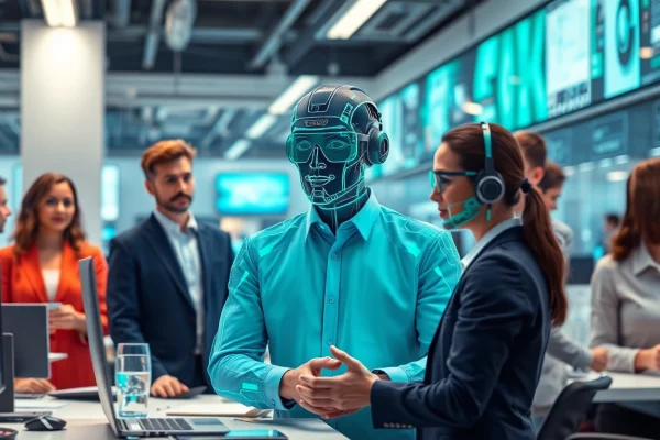 AI Employee assisting in a modern office space with diverse team members.