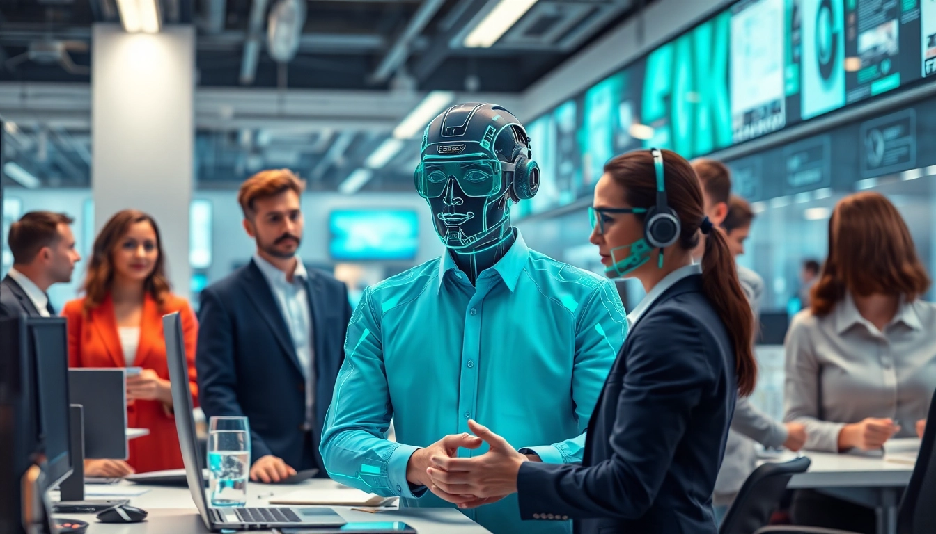 AI Employee assisting in a modern office space with diverse team members.