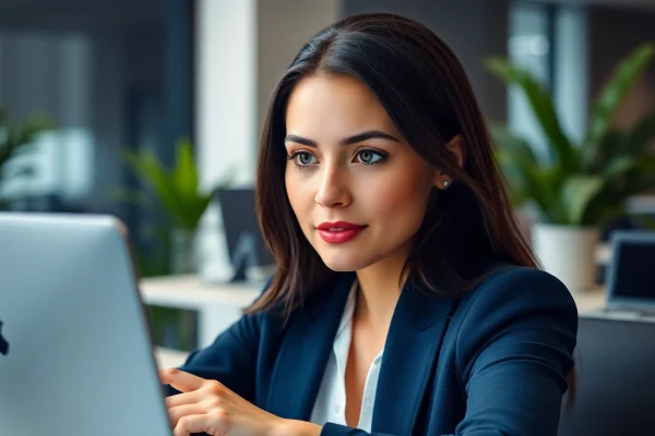 Apply for eta application uk with a professional woman working at her desk.