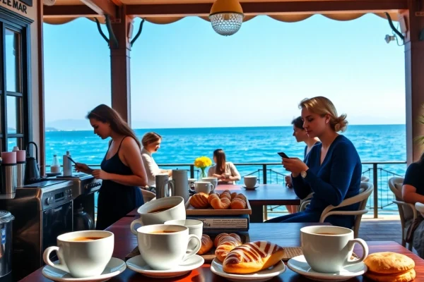 Kaffee genießen im Coffee Shop Verband Lloret de Mar mit Blick auf die Küste