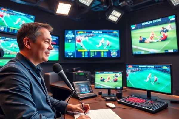 Engaging live sports broadcasting session showcasing excitement and professionalism in the studio.
