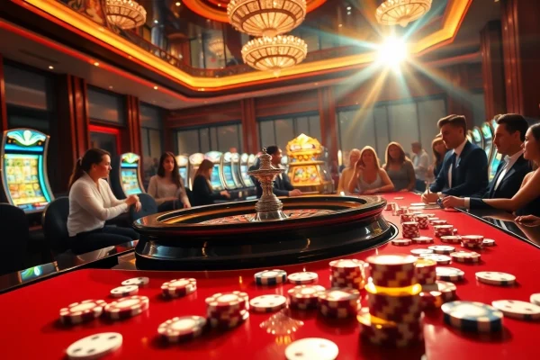 Jogadores desfrutando de uma emocionante experiência de cassino no BL555, com máquinas caça-níqueis vibrantes e mesas de roleta.