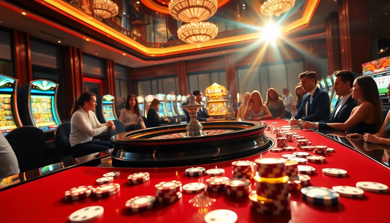 Jogadores desfrutando de uma emocionante experiência de cassino no BL555, com máquinas caça-níqueis vibrantes e mesas de roleta.