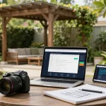gestione contenuti pergole (CMS) in uno spazio di lavoro all'aperto sereno con una pergola e un laptop