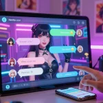 A captivating scene of a hentai AI chat with a vibrant anime character interacting playfully, showcasing modern digital engagement.