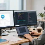 Seamless tech environment highlighting Telegram Chinese interface setup with dual monitors and coding atmosphere.