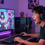 Engaging in ai hentai chat on a vibrant gaming setup with anime characters.