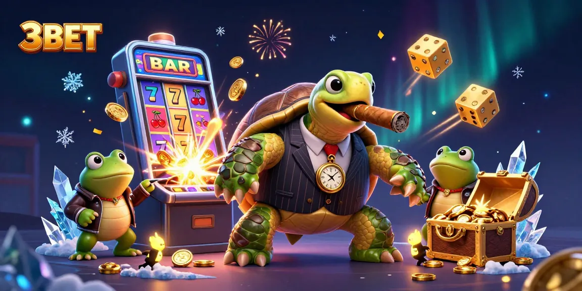 Engage in thrilling gaming at 3BET with a massive snapping turtle and bullfrog enforcers amidst jackpot celebrations.