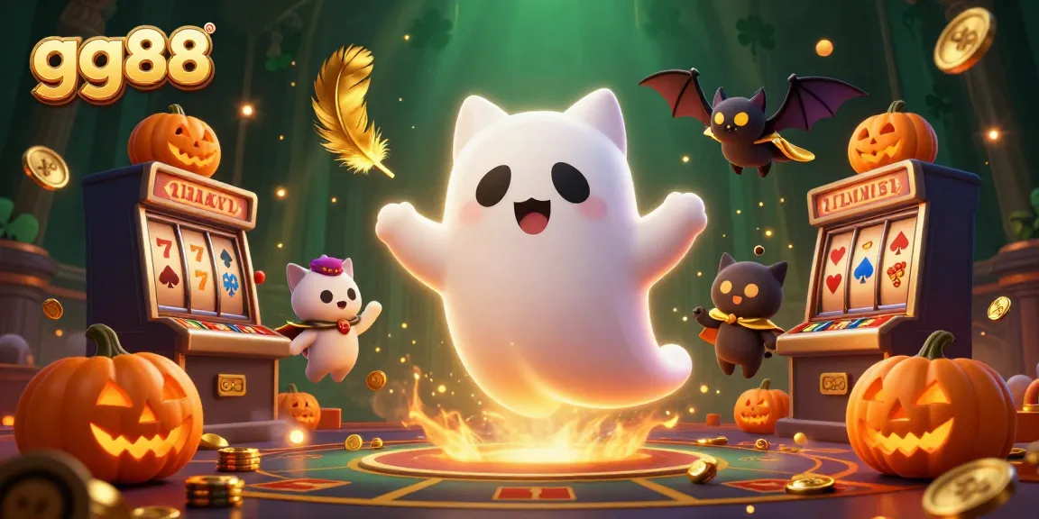 Engage in thrilling gameplay at gg88 with a ghostly cat and bat in a vibrant casino scene.