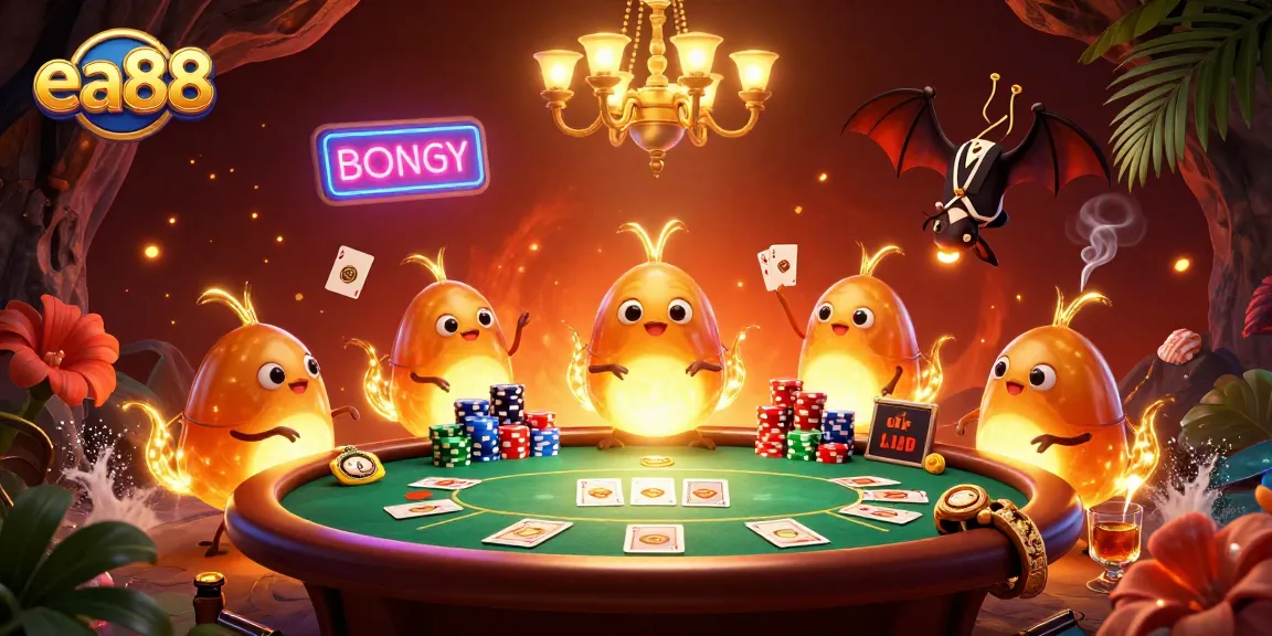 Engage with the vibrant ea88 casino scene full of glowworms, poker chips, and a bat dealer.