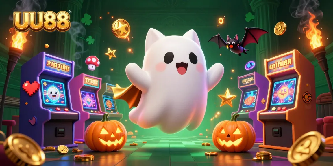 Join the excitement at UU88's haunted casino with a ghost cat and bat observing vibrant games.
