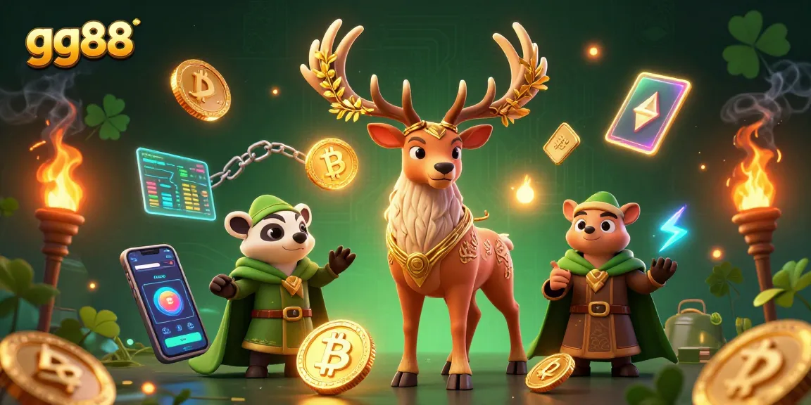 Experience thrilling gaming with gg88 as 3D characters gather around vibrant crypto elements.