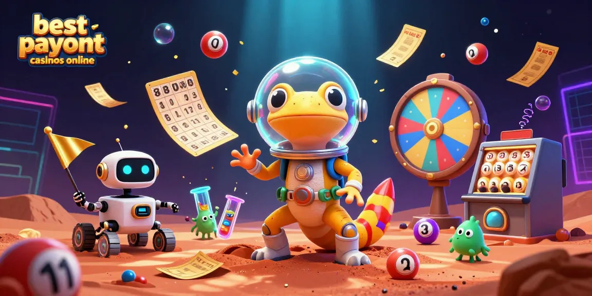 Experience the thrill of best payout casinos online with a cartoon Martian gecko and lottery elements.