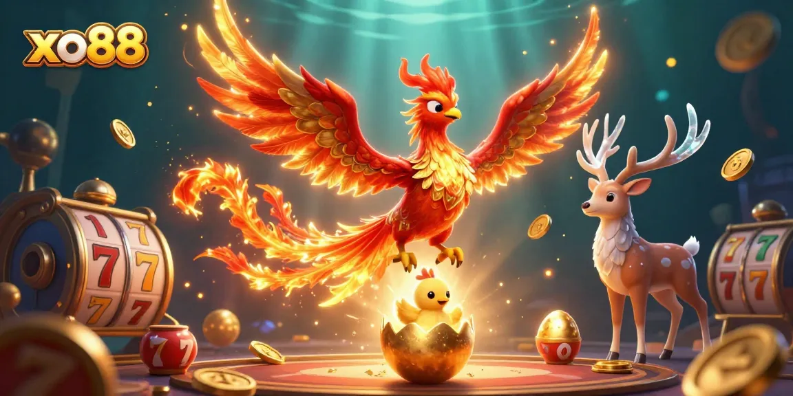 Spin the reels with xo88 in a vibrant 3D illustration featuring a fire phoenix and dynamic gambling elements.