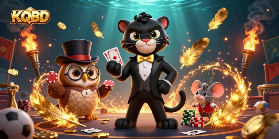Experience KQBD with a stylish black panther dealer, owl with poker chips, and lucky mouse in a vibrant casino scene.