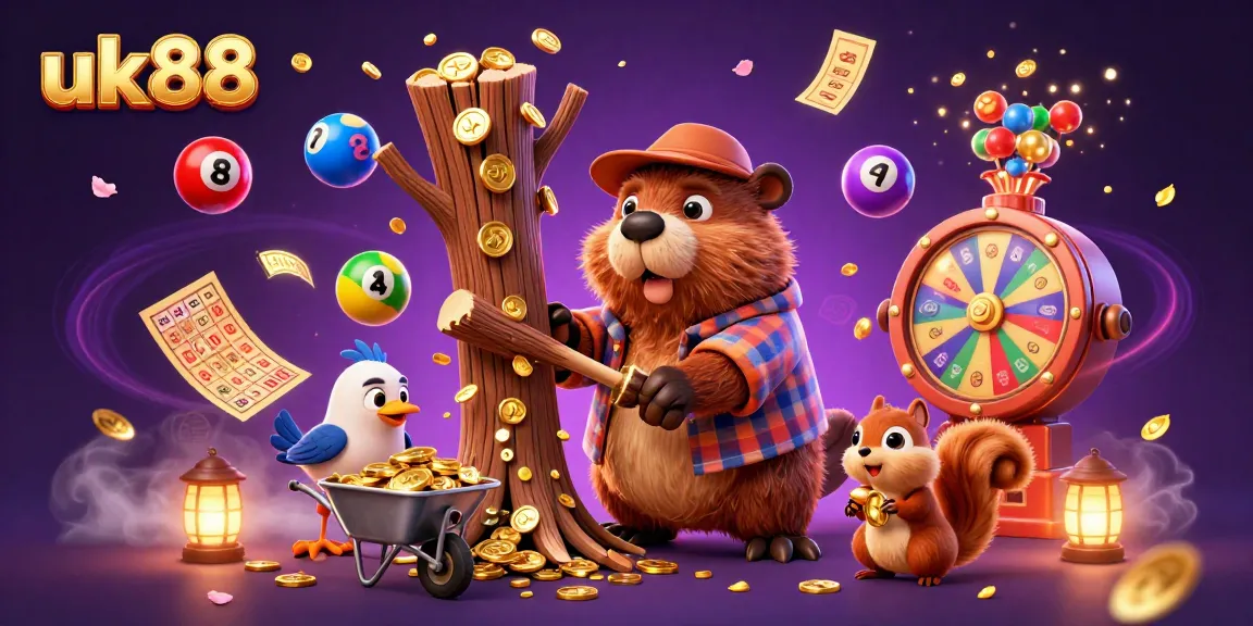 Experience the excitement of uk88 as the beaver collects golden coins under a magical sky.