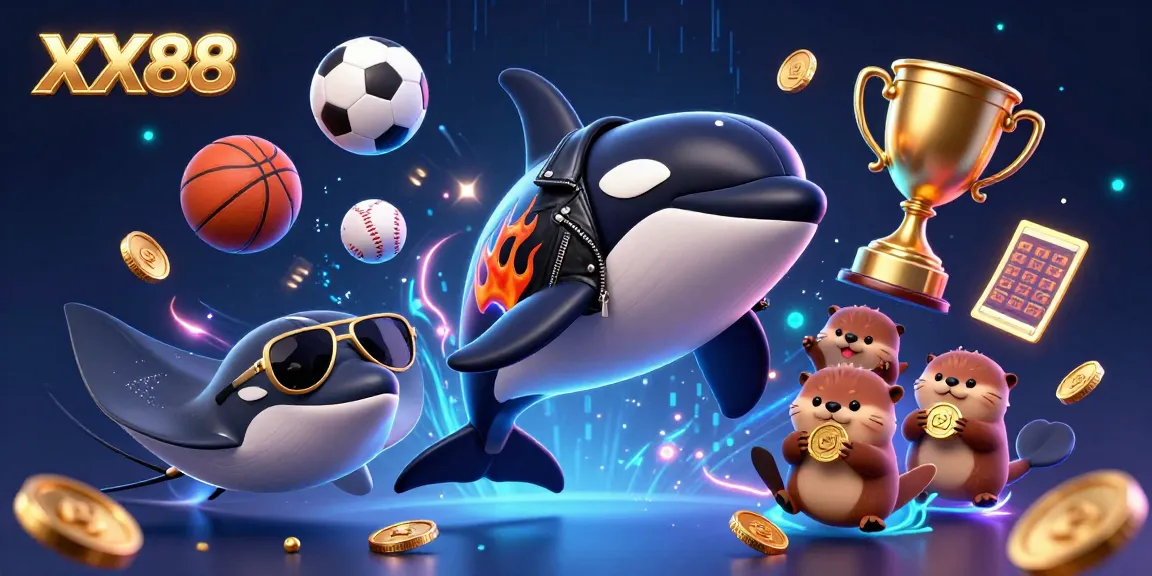 Engaging scene of XX88 with a whale, stingray, and otters celebrating wins in a vibrant casino atmosphere.