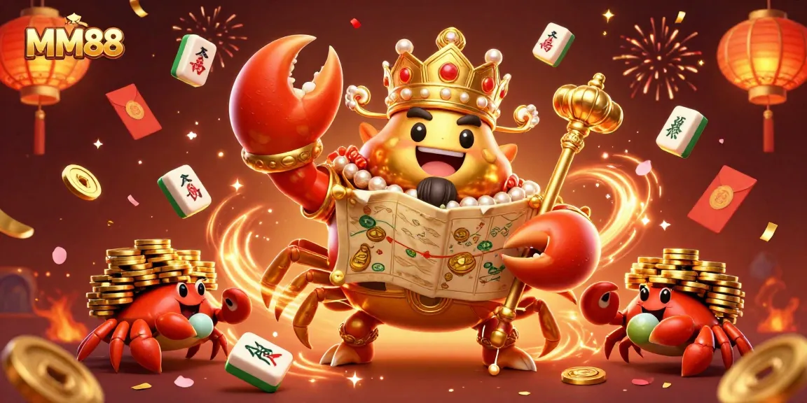 Engage with the thrilling MM88 gaming experience featuring the golden crab emperor amidst vibrant casino elements.