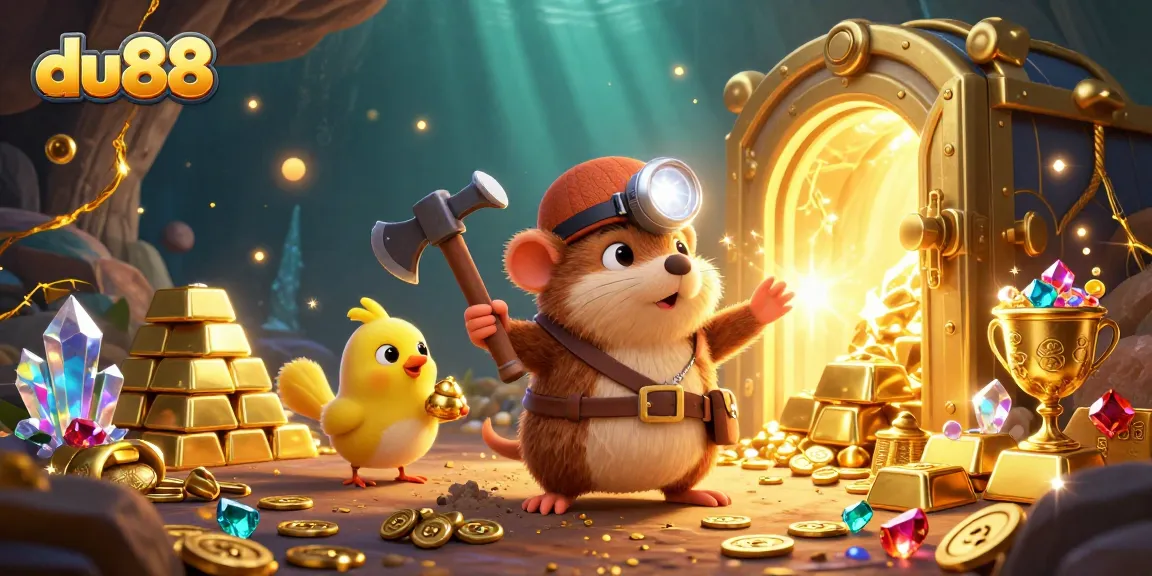 Experience treasures at du88 while the cartoon mole mines gems and gold in a vibrant casino cave.