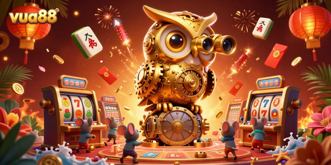 Engage with the vibrant casino atmosphere of vua88 featuring a golden owl and dynamic slot game elements.