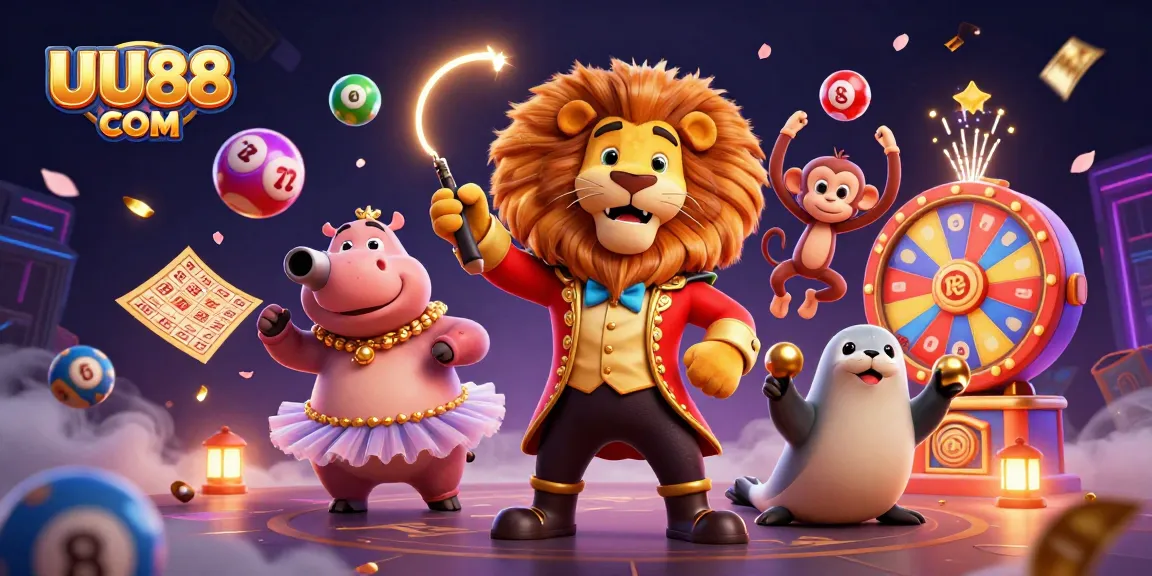 Experience thrilling gameplay with UU88 COM as a cartoon lion and friends engage in a vibrant casino scene.